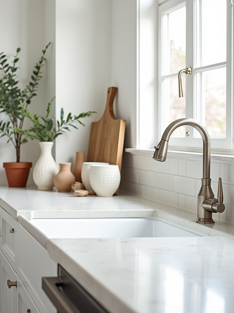 Stylish kitchen countertop decor reflecting a defined modern farmhouse aesthetic with ceramic vases, a wooden cutting board, and an espresso machine under natural light.
