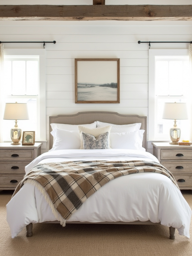A cohesive rustic farmhouse bedroom with a white distressed wooden bed, plaid bedding, shiplap walls, and natural wood furniture, illustrating defined rustic sub-styles.
