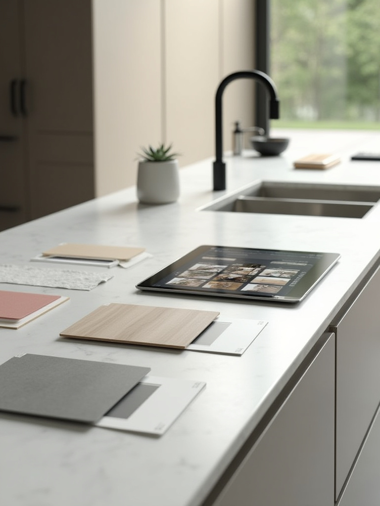 Mood board with modern kitchen material swatches and color palettes on a kitchen island, representing the process of defining a modern kitchen style identity.
