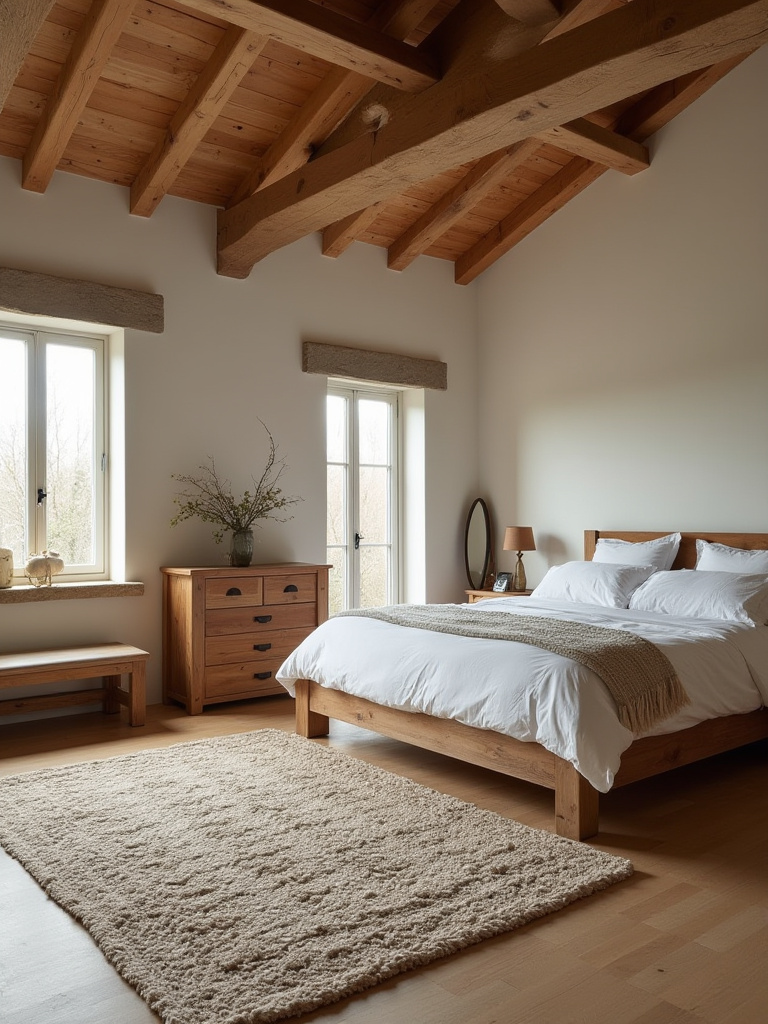 Rustic bedroom layout showing strategic placement of a reclaimed wood bed, natural fiber rug, and rustic furniture to maximize appeal and comfort.