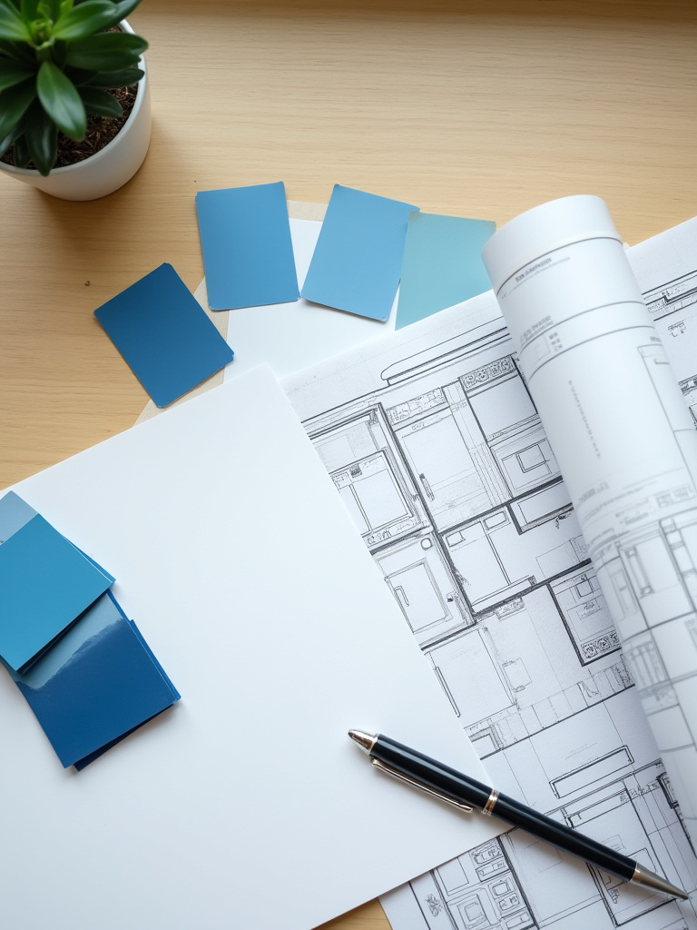 Overhead view of blue cabinet swatches and architectural drawings on a white surface, representing budget planning for a blue cabinet kitchen renovation.