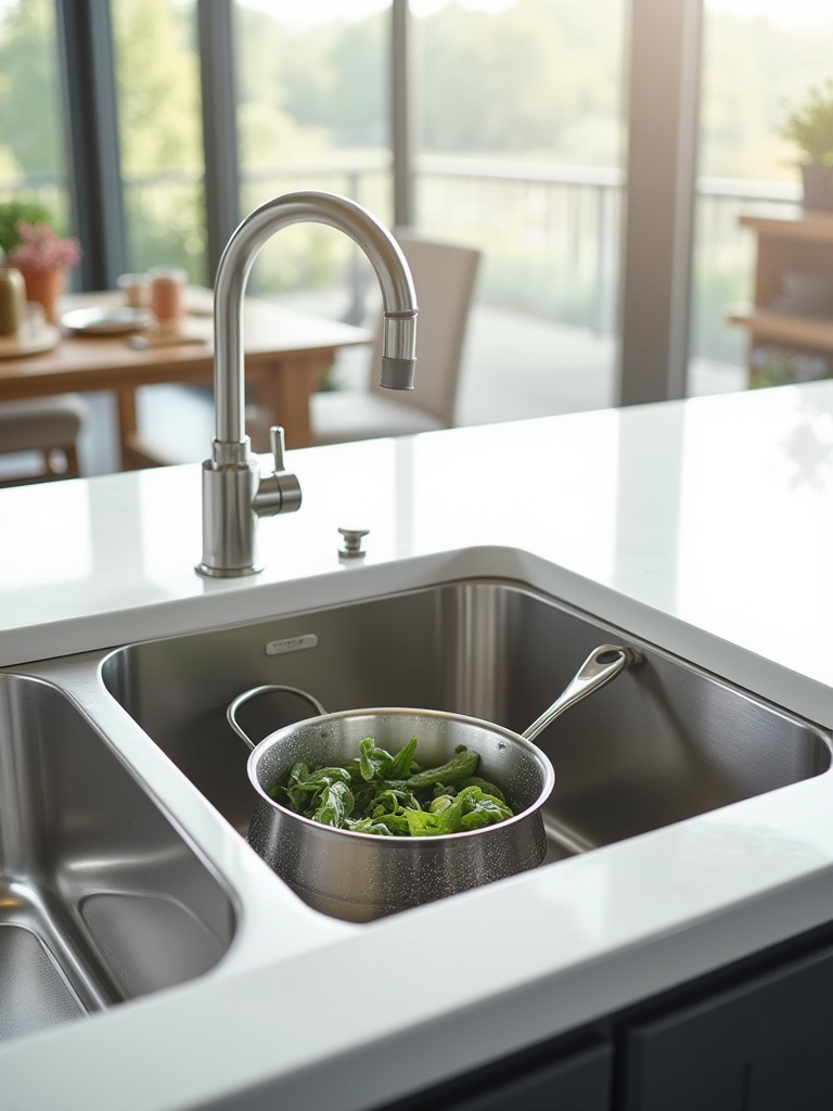 Close up comparison of a modern kitchen with a large single-bowl sink next to a kitchen with a double-bowl sink, highlighting the difference in size and division.