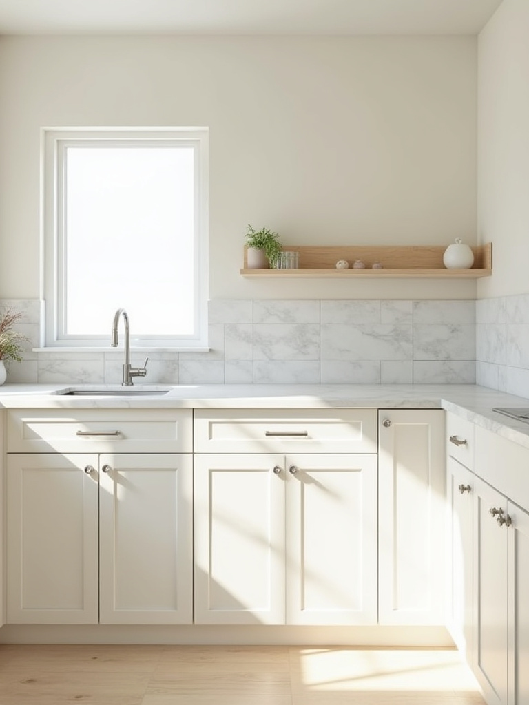 Bright small kitchen featuring off-white cabinets, pale greige walls, and white quartz countertops, demonstrating a cohesive light color palette strategy for maximizing space.