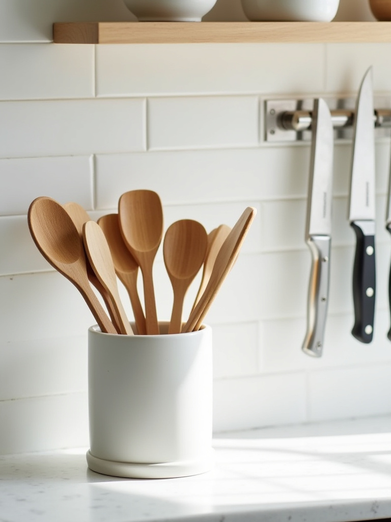 Small kitchen counter with a ceramic utensil crock holding wooden spoons and spatulas, next to a sleek magnetic knife strip on a white tile backsplash, demonstrating decorative and practical utensil display.