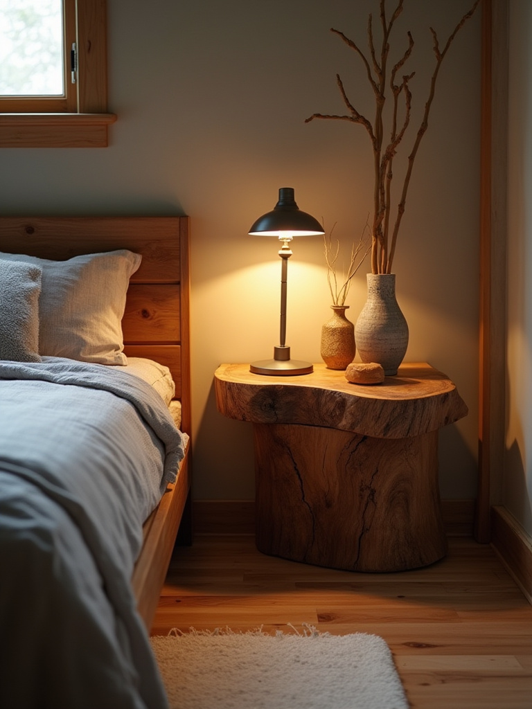 A beautifully crafted live edge wood nightstand in a rustic bedroom setting, highlighting its raw natural edge and rich wood grain.