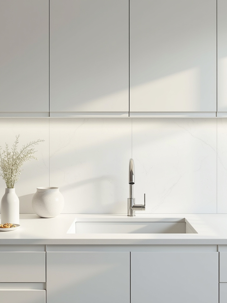Modern kitchen backsplash featuring large format, light grey porcelain tiles with minimal grout lines, creating a sleek and expansive look in a contemporary home.