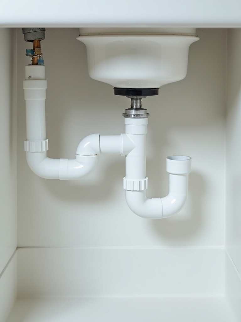A precisely installed kitchen sink drainage system, featuring clean PVC pipes, a well-placed P-trap, and a clear downward slope for efficient wastewater removal.