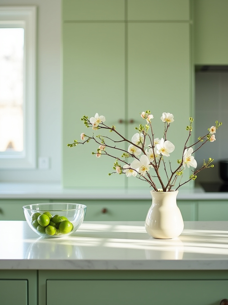 Sage green kitchen with elegant ephemeral spring decor, featuring budding branches and a bowl of green limes and white orchids.