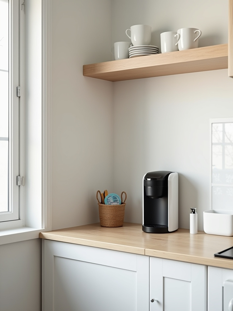 A neatly organized breakfast station in a small kitchen, featuring a coffee maker, mugs on a wall shelf, and small basket for condiments, demonstrating effective kitchen zoning.
