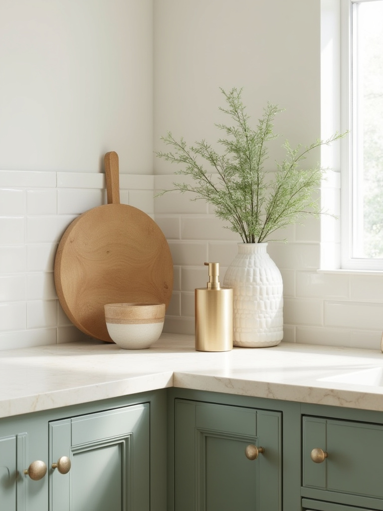 Modern kitchen countertop with cream quartz, sage green cabinets, and white subway tile showcasing a cohesive color palette and material scheme.
