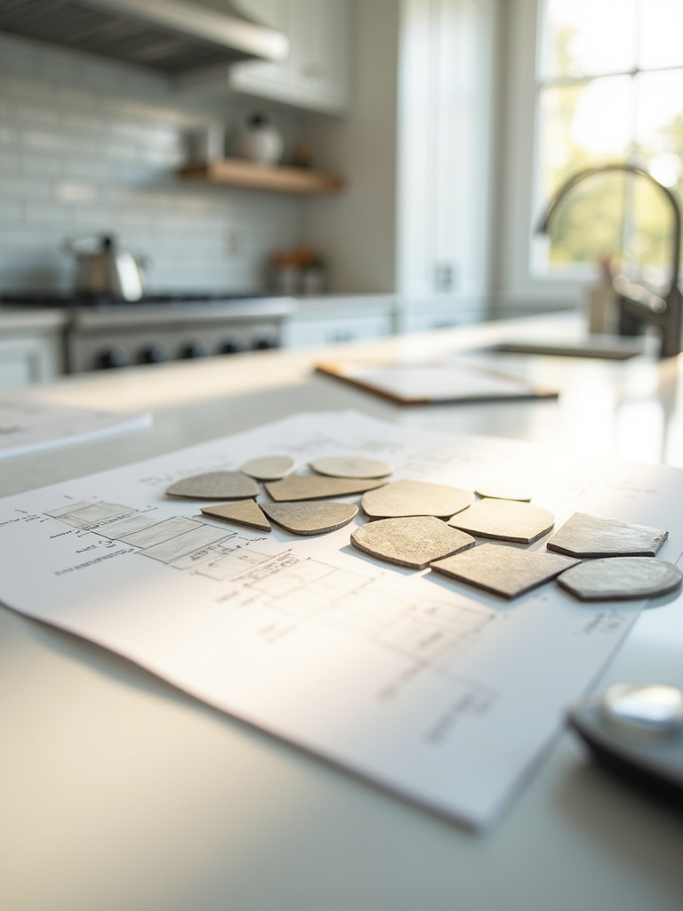 Modern kitchen with various backsplash tile samples on a clean countertop, representing smart budgeting and careful selection for a backsplash project.