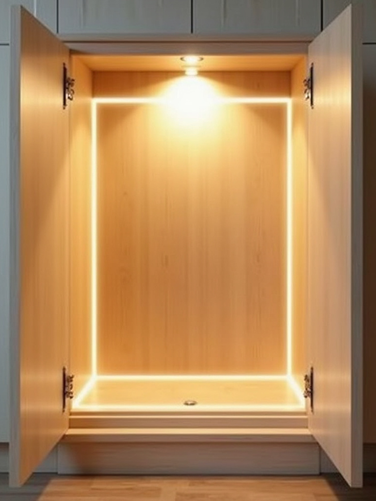 A detailed view inside an empty kitchen base cabinet, illustrating the internal space required for sink installation, emphasizing the importance of accurately evaluating cabinet dimensions for perfect sink compatibility.