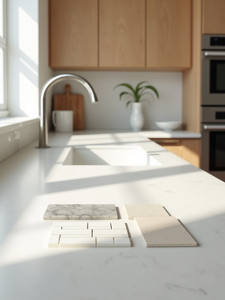Modern kitchen interior showcasing various backsplash material samples arranged on a light quartz countertop, next to sleek oak cabinets under natural light, emphasizing visual harmony for kitchen backsplash integration.