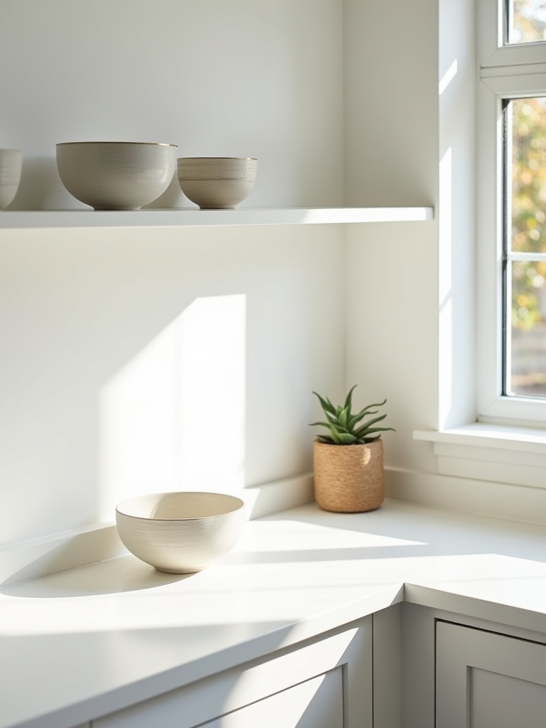 A clean and organized small kitchen countertop with minimalist decor, illustrating the results of a deep decluttering effort.