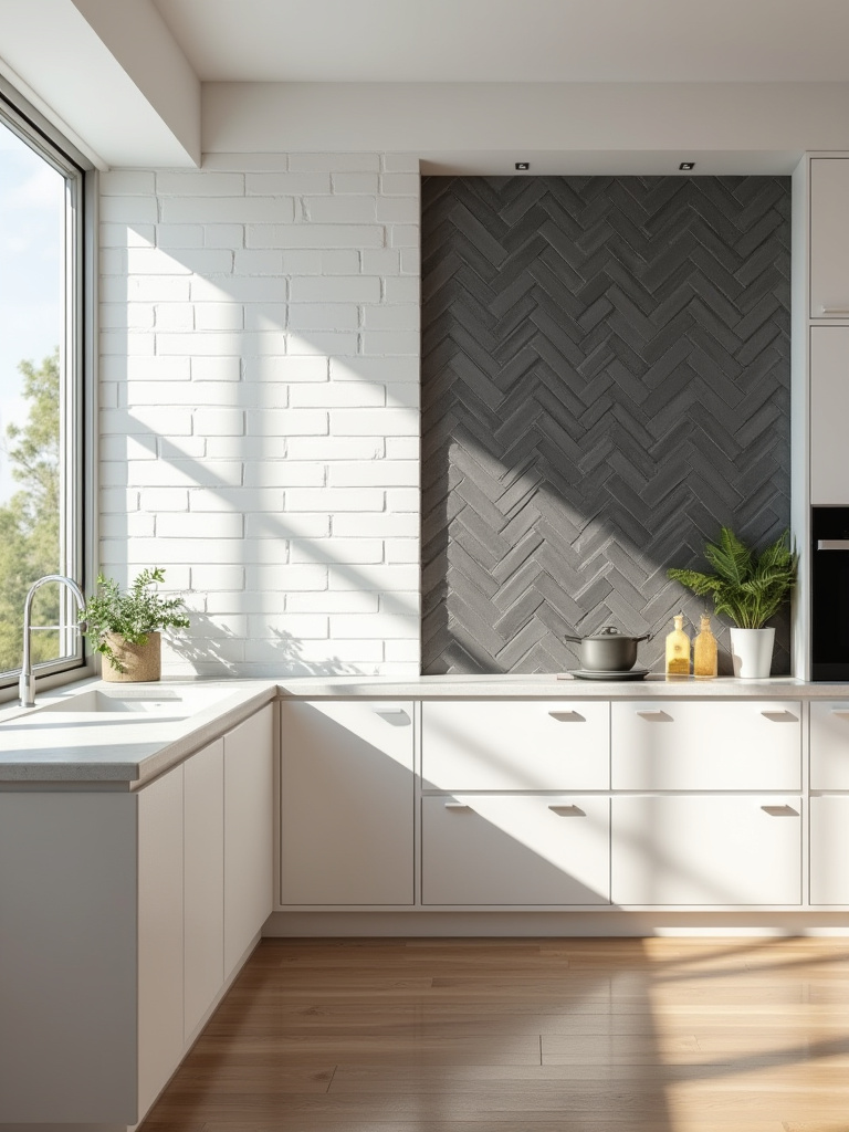 A side-by-side comparison of modern kitchen backsplashes, showcasing a sleek vertical stack pattern with matte white Zellige tiles and a dynamic dark grey herringbone pattern, illustrating design choices for contemporary kitchens.