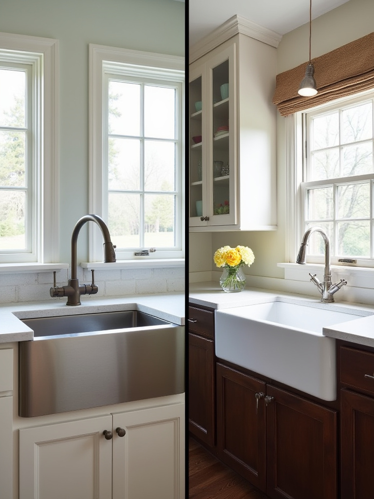 Comparison image showing a sleek stainless steel undermount sink in a modern kitchen and a prominent white fireclay apron-front sink in a rustic kitchen.