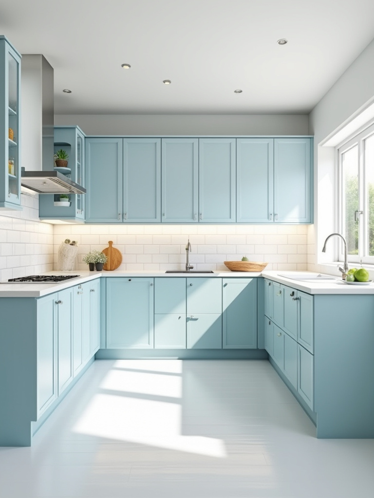 Modern kitchen with two-tone blue and white cabinets, featuring light sky-blue upper cabinets and crisp white lower cabinetry, white quartz countertop, and subway tile backsplash.