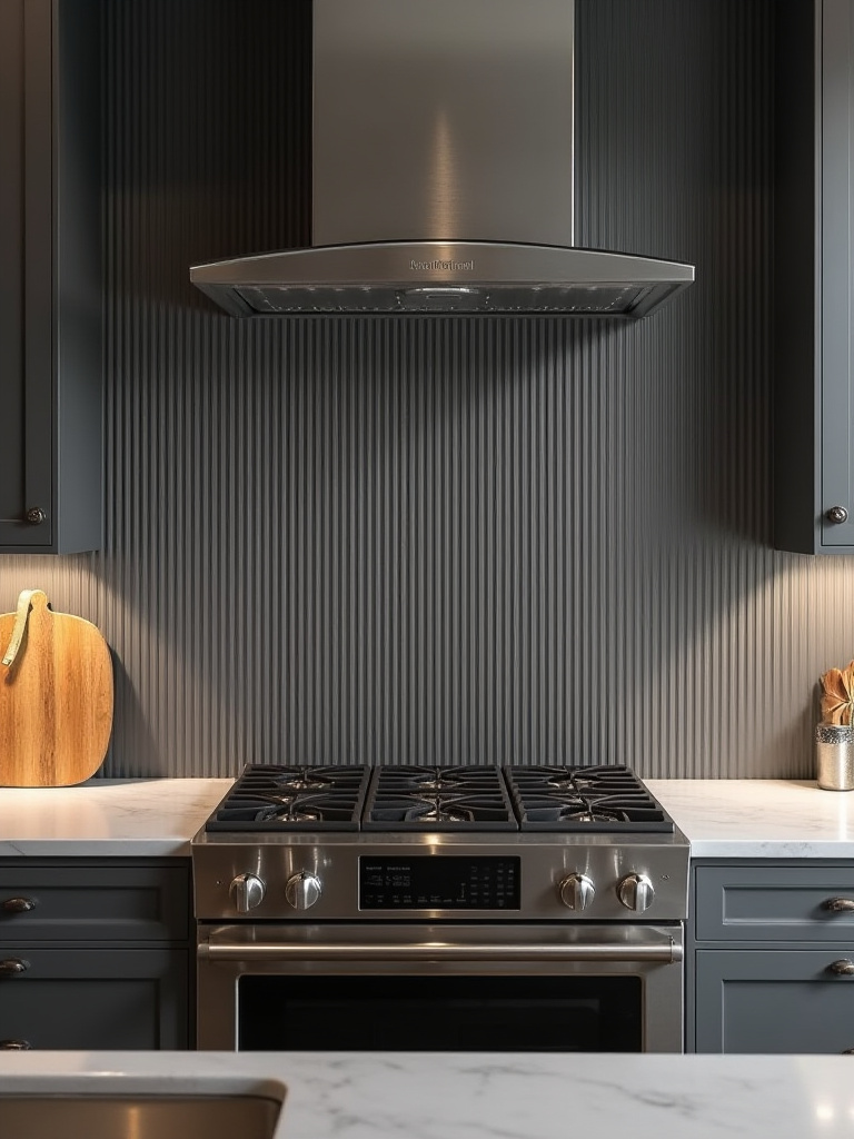 Modern kitchen with a full-height vertically ribbed matte charcoal gray ceramic tile backsplash behind a stainless steel range, showcasing unique tactile texture under soft lighting.