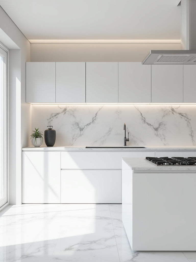 Modern kitchen with a luxurious, floor-to-ceiling extended white marble backsplash behind a stovetop, creating high-impact visual drama.