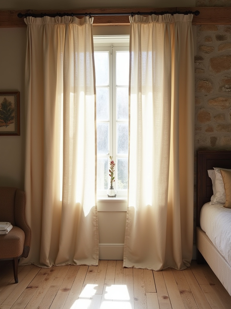 Full-length unbleached linen curtains in an oatmeal tone, softly pooling on a distressed pine floor in a rustic bedroom, with exposed wooden beams.