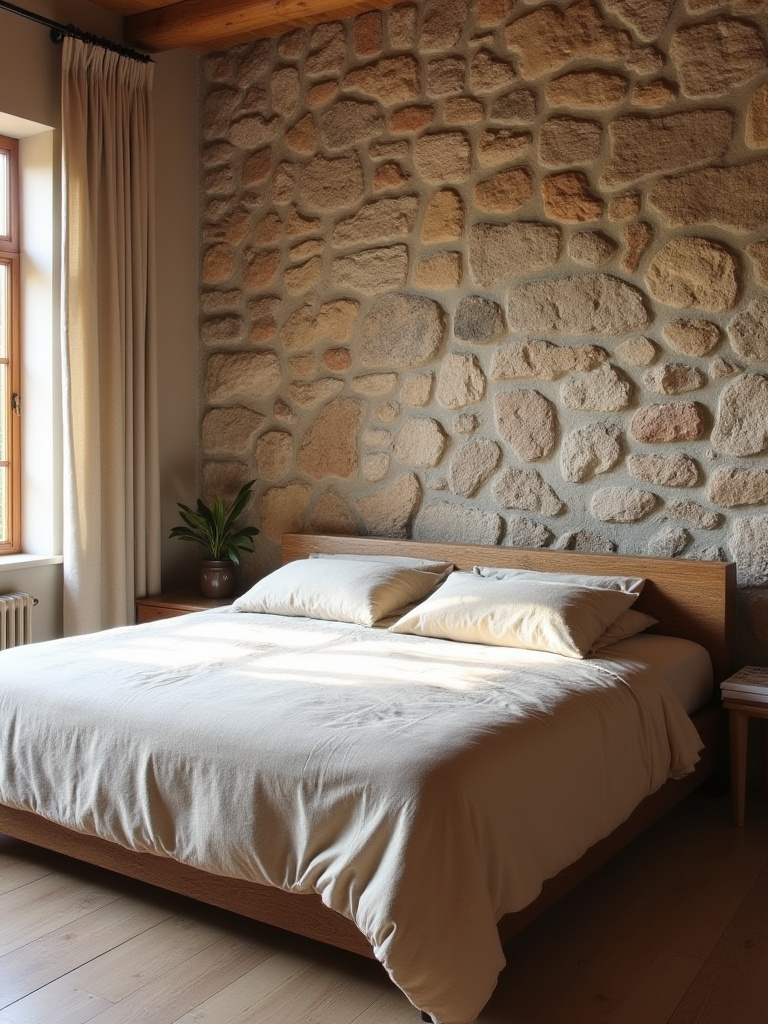Rustic bedroom featuring a prominent floor-to-ceiling accent wall made of irregular natural river stone, creating an earthy and cozy focal point behind a king-sized bed.