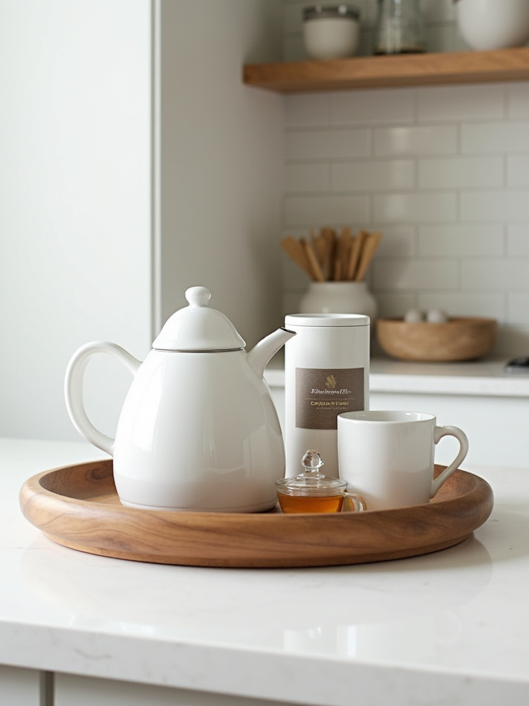 A styled kitchen countertop featuring a round acacia wood decorative tray organizing a white kettle, two ceramic mugs, a tea canister, and a honey pot. This setup exemplifies smart kitchen organization and countertop decor using decorative trays.