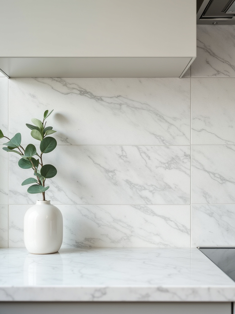 Modern kitchen backsplash with seamless grey grout matching large-format porcelain tiles for a unified look