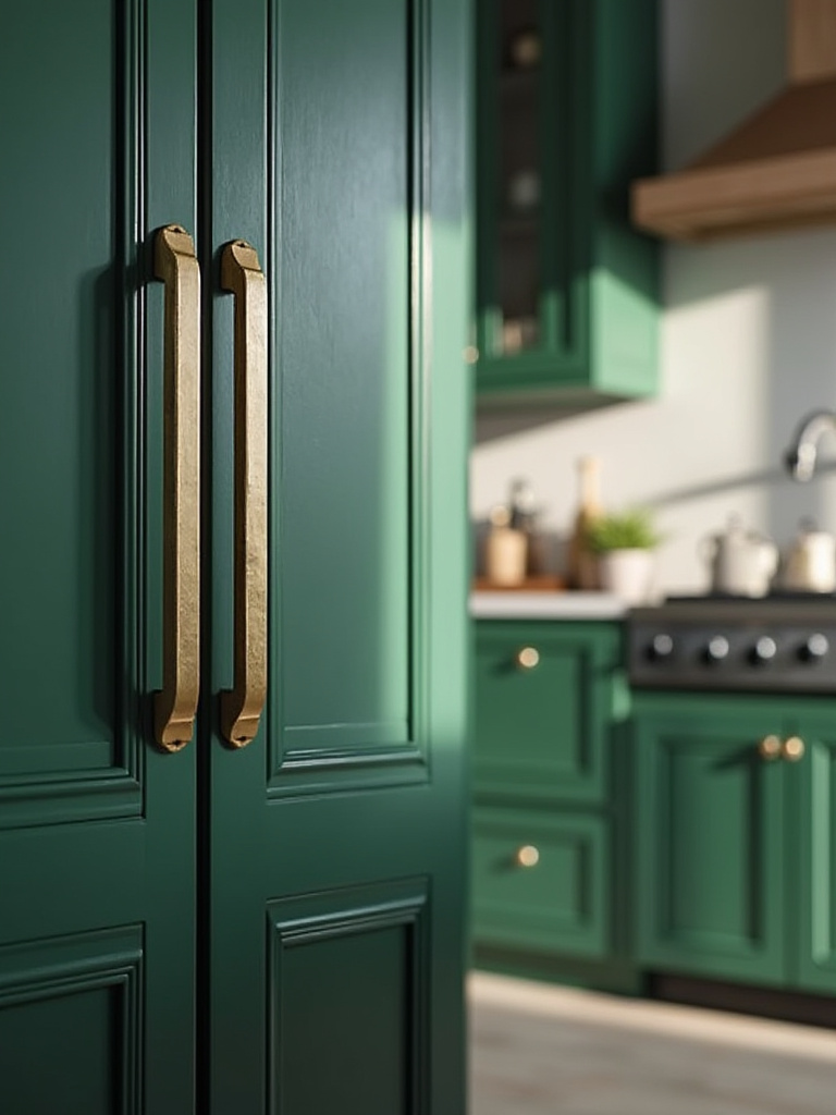 A close-up view of elegant brass and matte black hardware on forest green kitchen cabinets, showcasing aesthetic harmony and functional design.