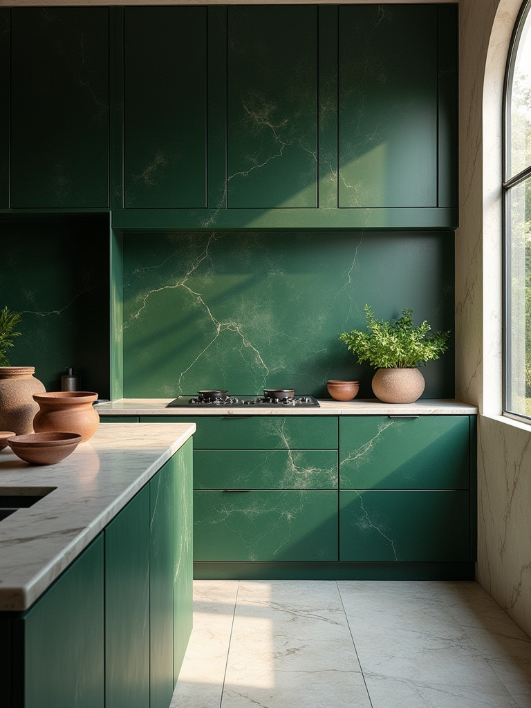 Portrait photo of a luxurious green kitchen with culturally inspired emerald cabinets, white marble countertops, and rustic ceramics, emphasizing heritage design.
