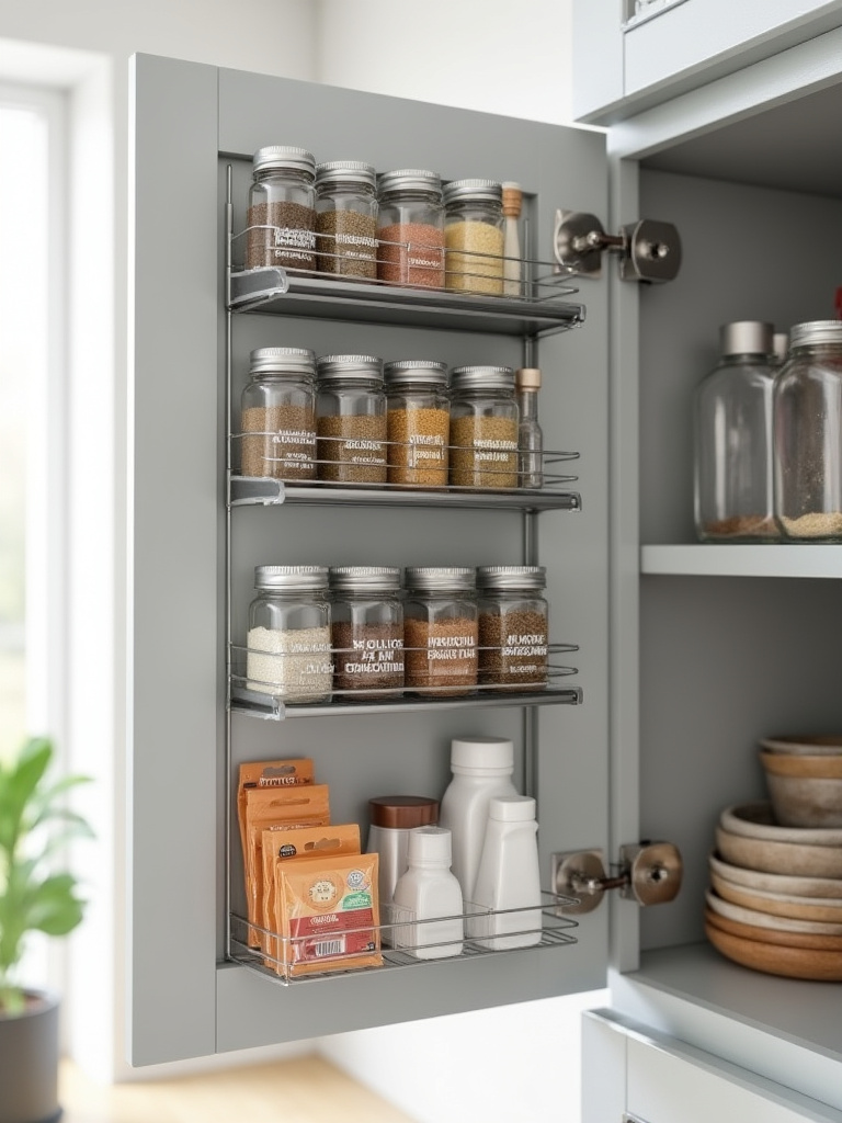 Door-mounted spice racks and bins inside a light grey kitchen cabinet door, filled with organized spice jars and baking packets, showcasing efficient small kitchen storage solutions.