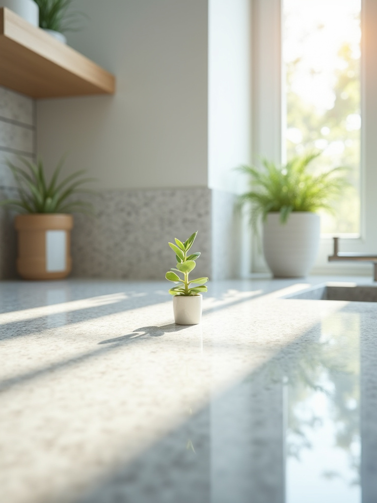 A clean, bright kitchen countertop with minimal decor, illustrating a successfully decluttered space. Features a small green plant and an empty fruit bowl on a polished surface.