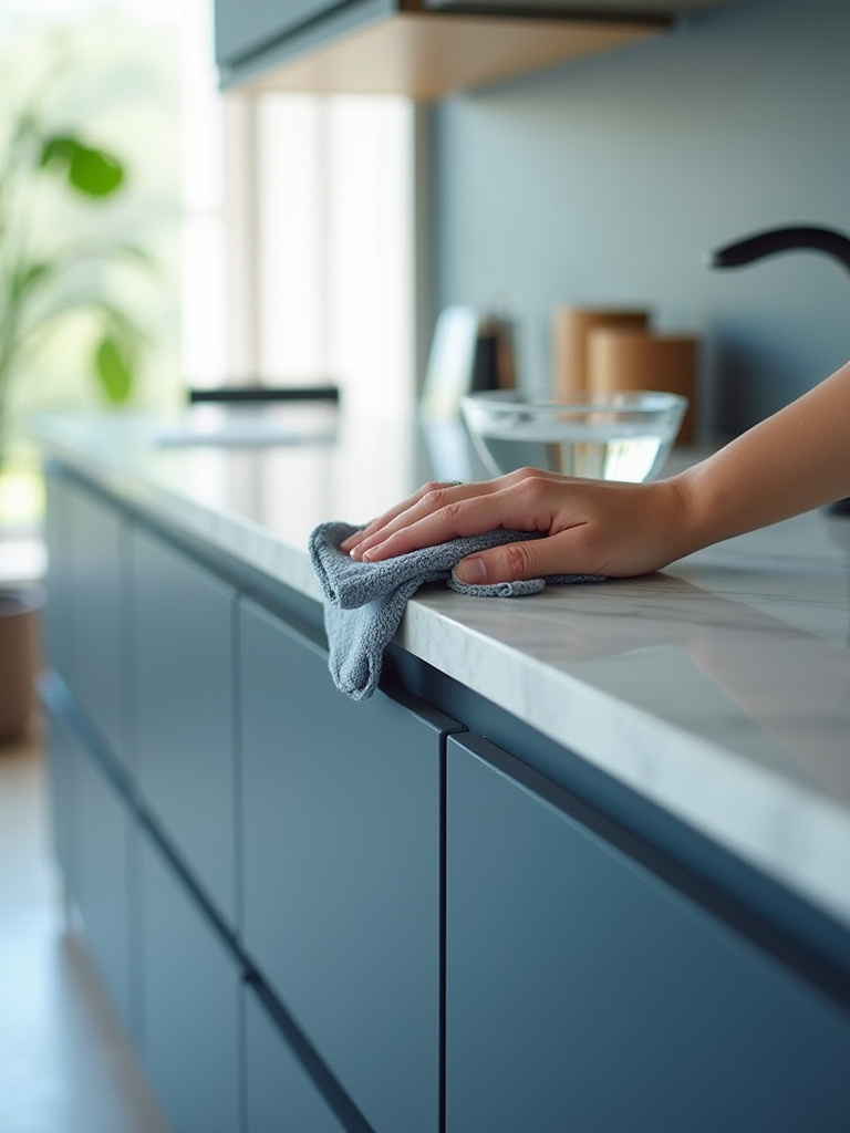A hand gently wiping a sleek navy blue kitchen cabinet door with a soft microfiber cloth, next to a small bowl of soapy water, emphasizing routine cleaning for preserving the cabinet finish and vibrant color.