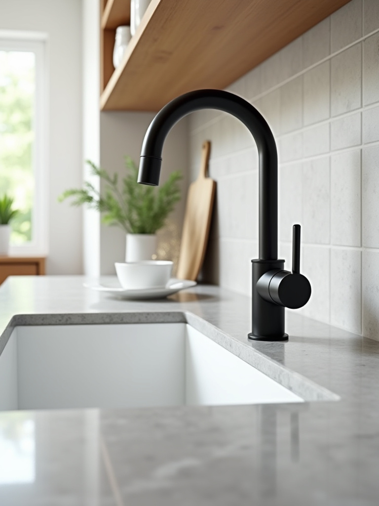 Modern kitchen sink with a chrome water filtration faucet providing clear drinking water, countertop filtration setup, healthy home hydration solution