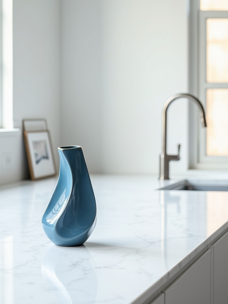 A minimalist white kitchen countertop adorned with a blue abstract ceramic sculpture and a small framed landscape print, enhancing the kitchen decor with personal artistic touches.