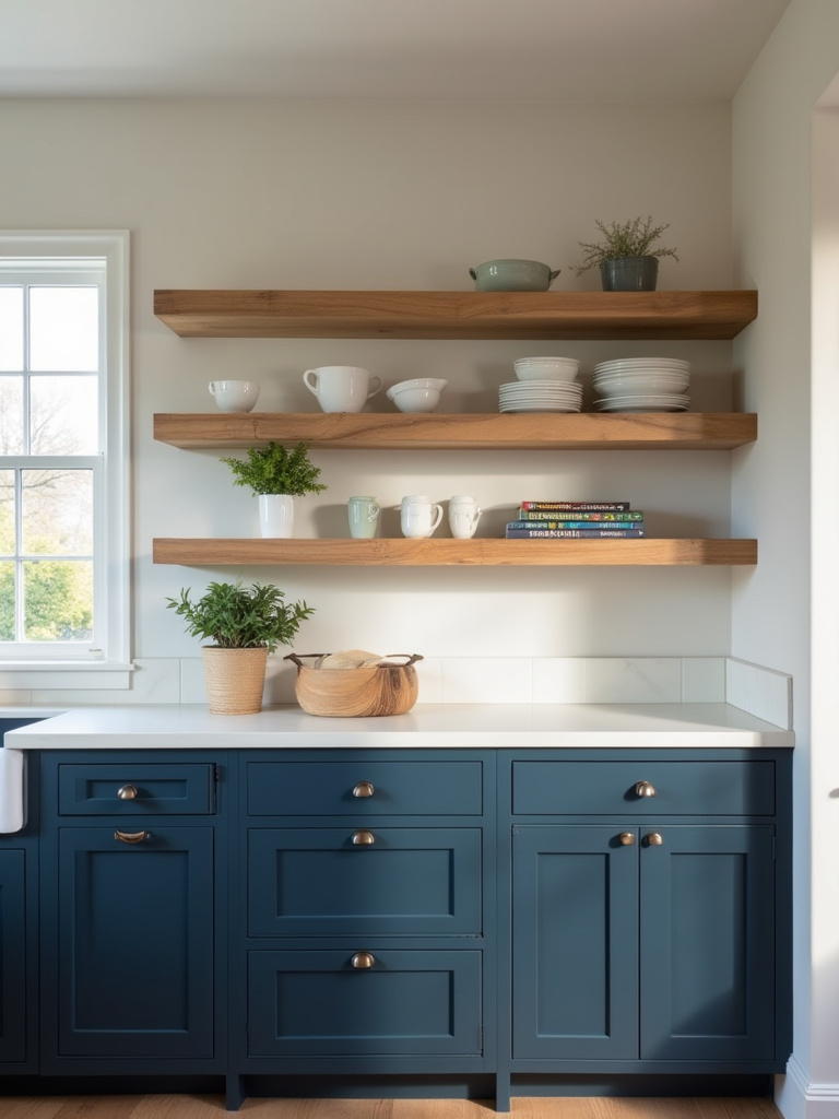 Modern kitchen with deep navy blue base and upper cabinets, featuring three light-toned floating oak shelves acting as a visual break. The shelves display minimalist decor like white ceramics and a small plant, illuminated by natural light.