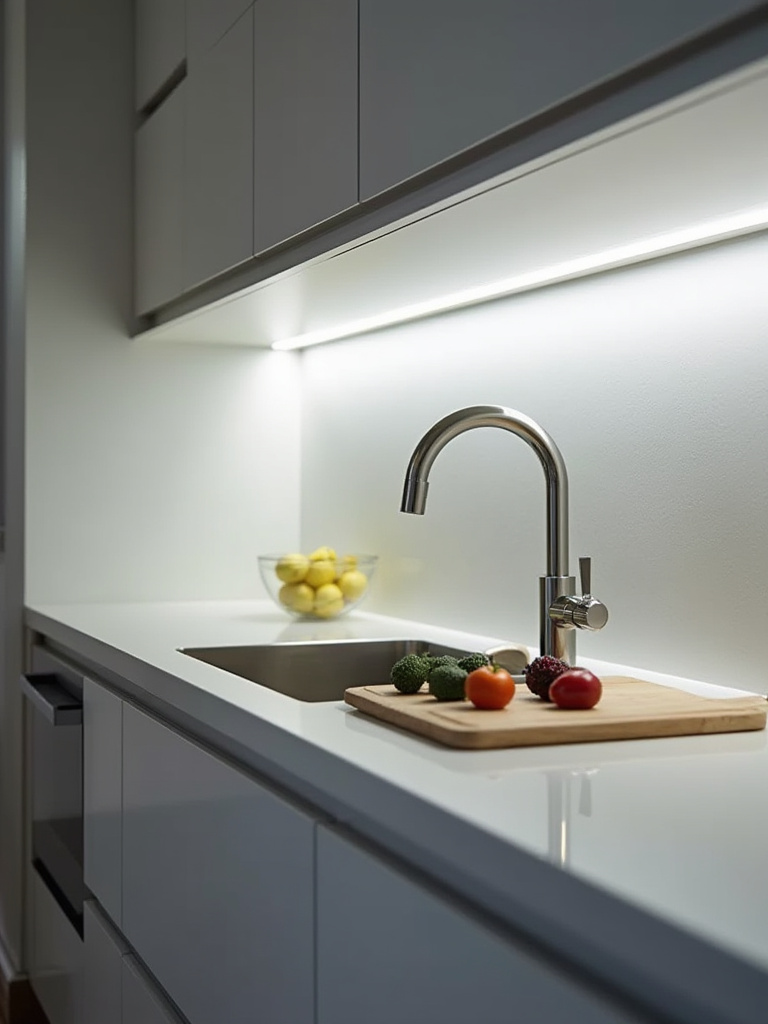 A modern kitchen sink area with integrated smart LED strip lighting under cabinets providing bright, cool white illumination over the faucet and countertop.