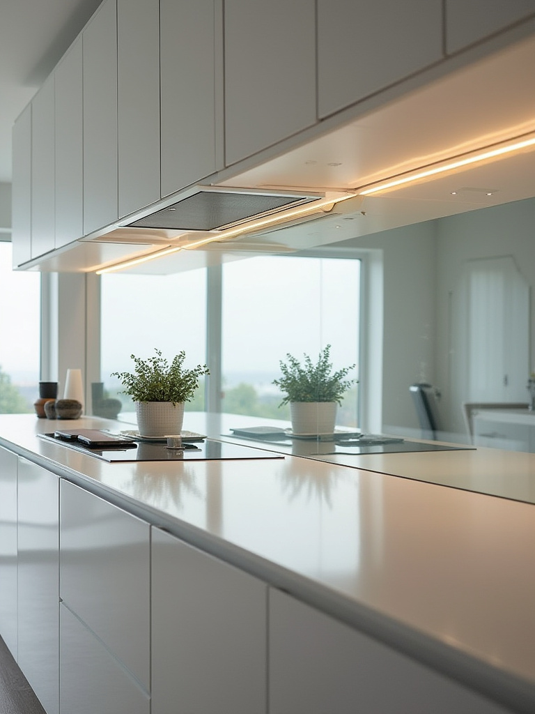 A modern small kitchen featuring a sleek, ceiling-high mirror splashback reflecting natural light and opposite decor, visually expanding the room's depth and brightness.