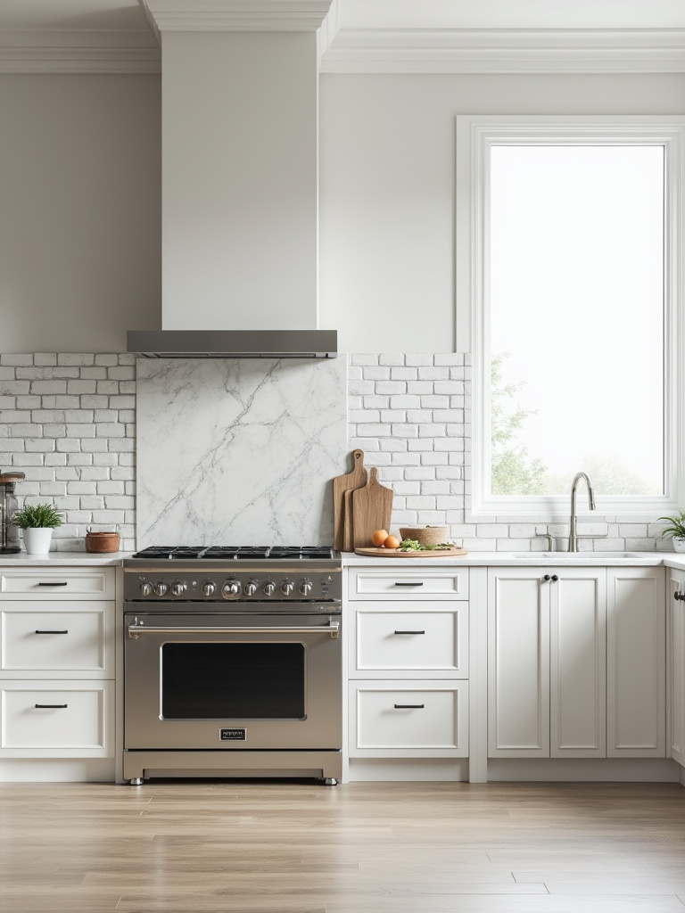Modern kitchen featuring a mixed backsplash with a large porcelain slab behind the range and textured white subway tiles on an adjacent wall, clearly delineating functional zones.