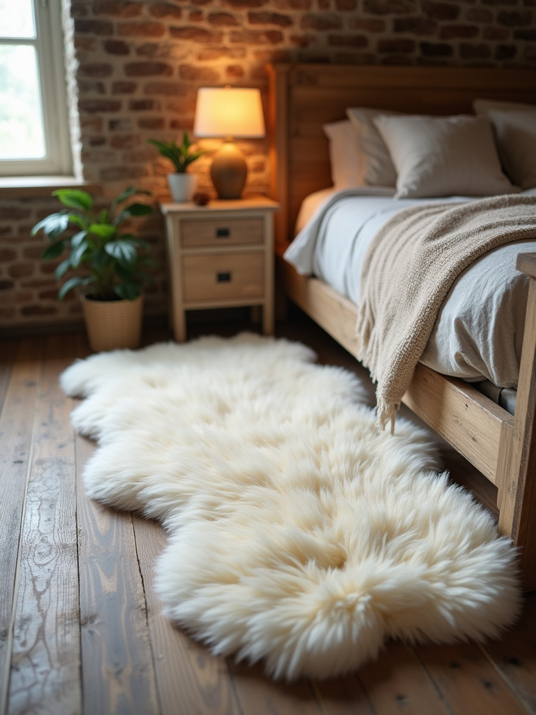 Luxurious creamy white faux fur rug on a hardwood floor beside a rustic wooden bed, adding cozy appeal to a rustic bedroom.