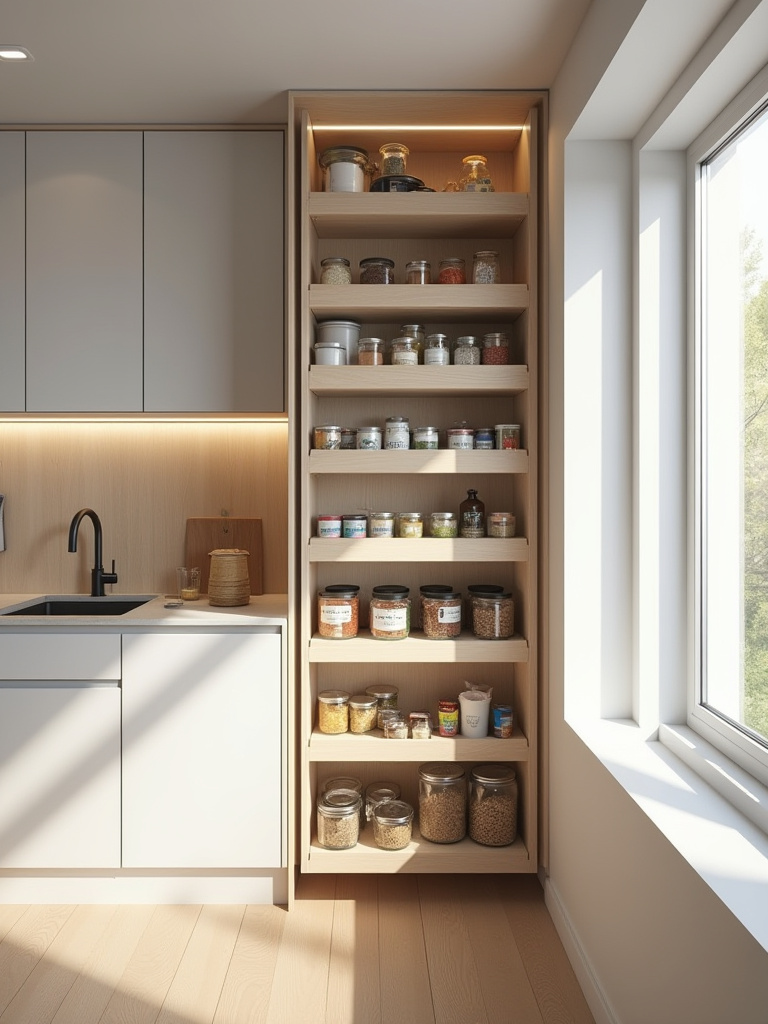 A vertical image showing a fully extended pull-out pantry unit in a small, contemporary kitchen, showcasing organized spice jars and groceries.