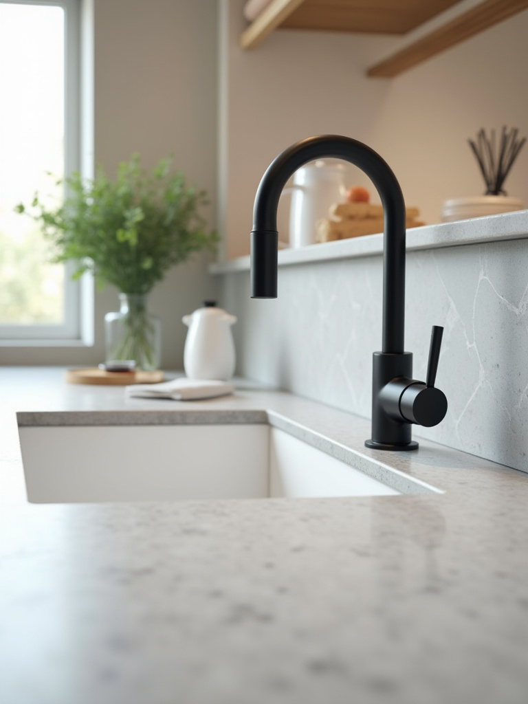 A professional, eye-level, slightly low-angle portrait photograph of a pristine, modern kitchen sink. The sink basin is sparkling clean, made of stainless steel or composite material, with a sleek gooseneck faucet. Below the sink, a subtle glimpse of a compact, professional-grade waste disposal unit is visible, emphasizing its seamless integration into the under-sink cabinet. The countertop is clear and uncluttered, showcasing contemporary kitchen design elements like a simple soap dispenser. Soft, natural light streams in from an unseen window, highlighting the metallic gleam of the sink and faucet. The scene is immaculate, functional, and suggests efficient waste management without showing any food scraps. No people, no text.