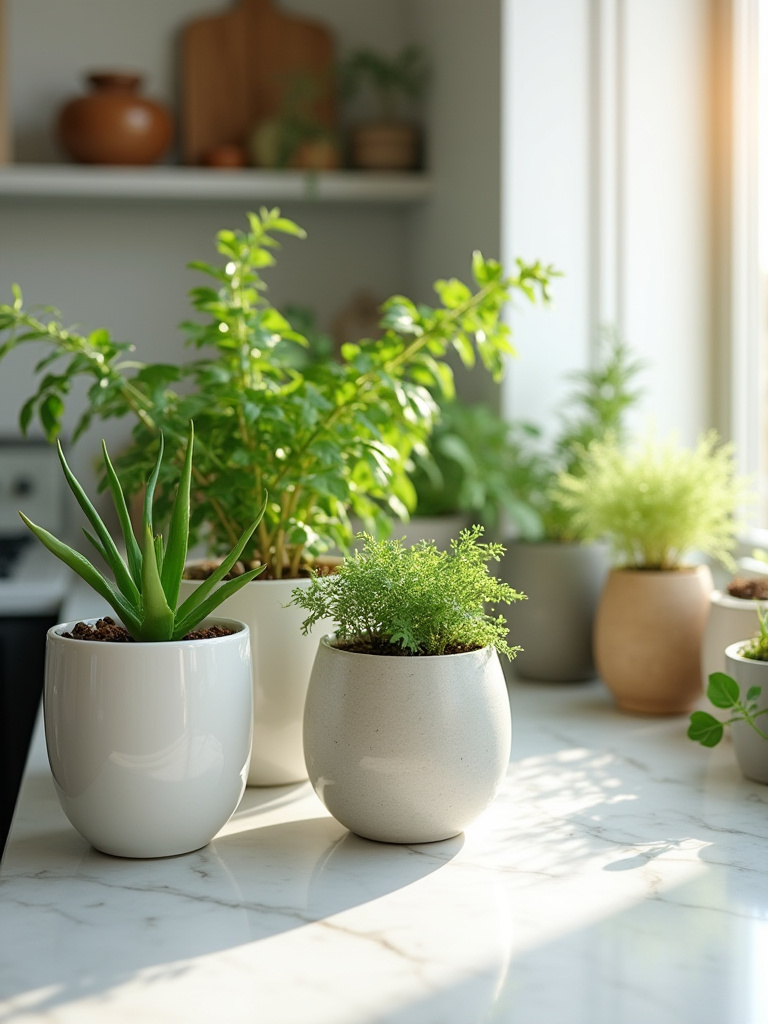 Vibrant indoor plants like Pothos, snake plant, and herbs arranged on a light marble kitchen countertop in decorative pots, illuminated by natural light.