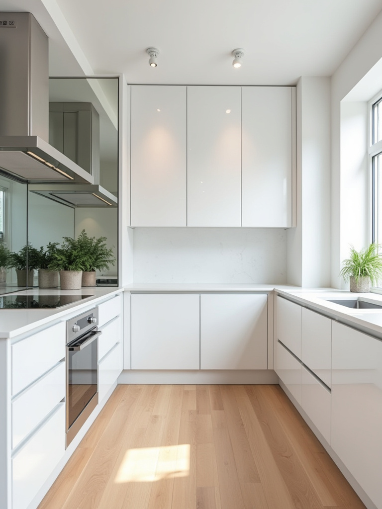 Small modern kitchen with a large mirrored backsplash, high-gloss white cabinets, and polished metallic fixtures, making the space appear brighter and more expansive.