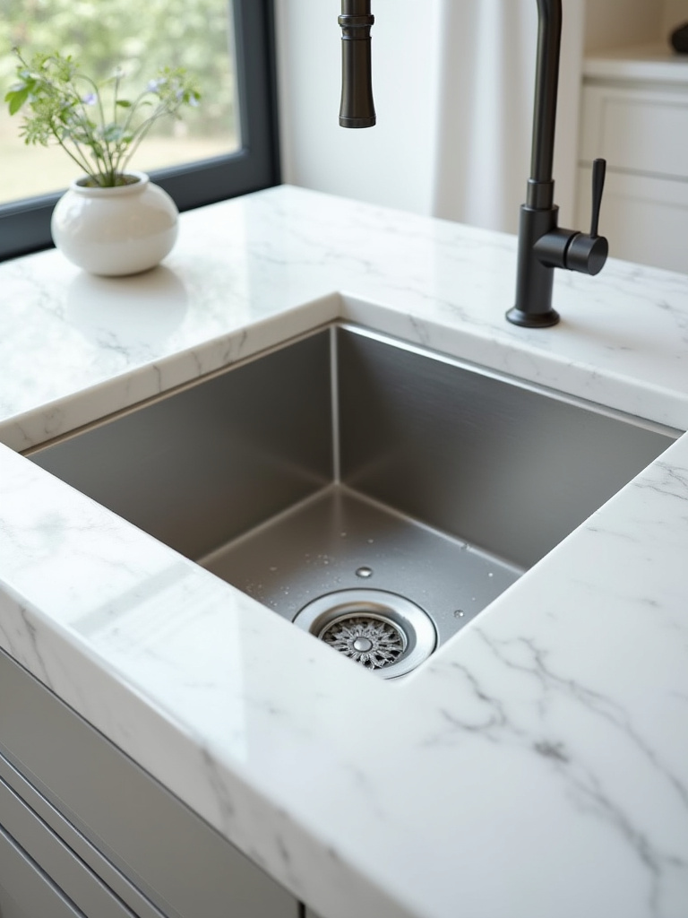 Modern kitchen with a sleek undermount stainless steel sink perfectly integrated into a white marble countertop, illustrating seamless design and easy cleanup.