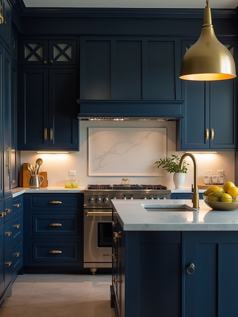 Deep navy blue kitchen cabinets with satin brass hardware, brass pot filler, and pendant lights, adding warmth to a modern blue kitchen.