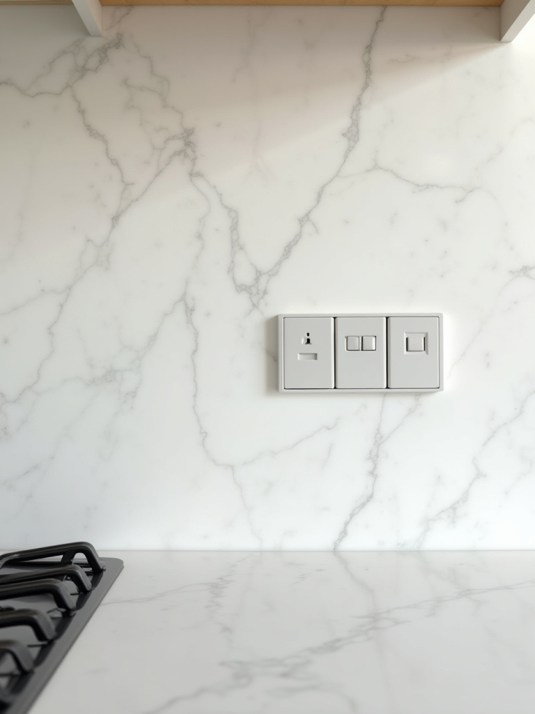 Modern kitchen backsplash with a continuous Calacatta marble slab, showcasing flush outlet covers seamlessly integrated into the surface. The outlets are custom-painted to match the marble, creating an uninterrupted, minimalist design. No people.