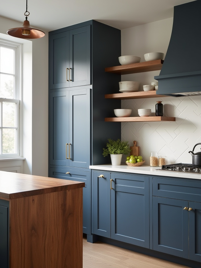 Modern kitchen featuring deep navy blue lower cabinets, a kitchen island with a warm walnut butcher block countertop and paneling, and open walnut floating shelves over lighter blue cabinets, all under soft natural lighting.