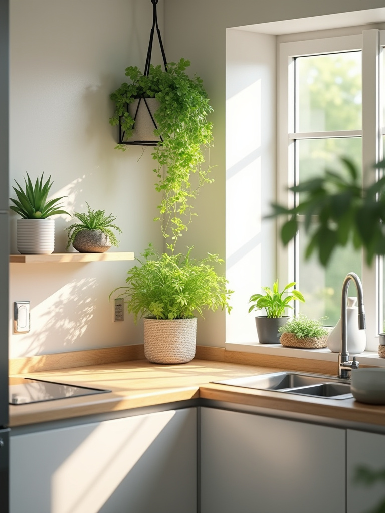 A compact kitchen with small, live plants on shelves and windowsills, adding freshness and green decor.