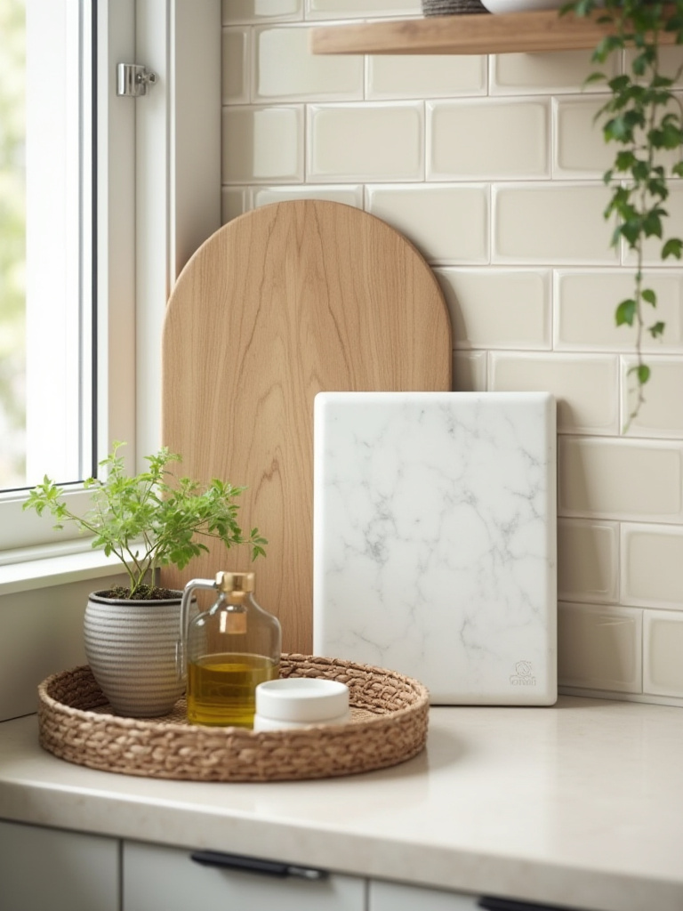 A stylish kitchen countertop featuring a curated arrangement of various textured cutting boards and a decorative tray, including wooden, marble, and rattan materials, adding warmth and visual depth to the space.