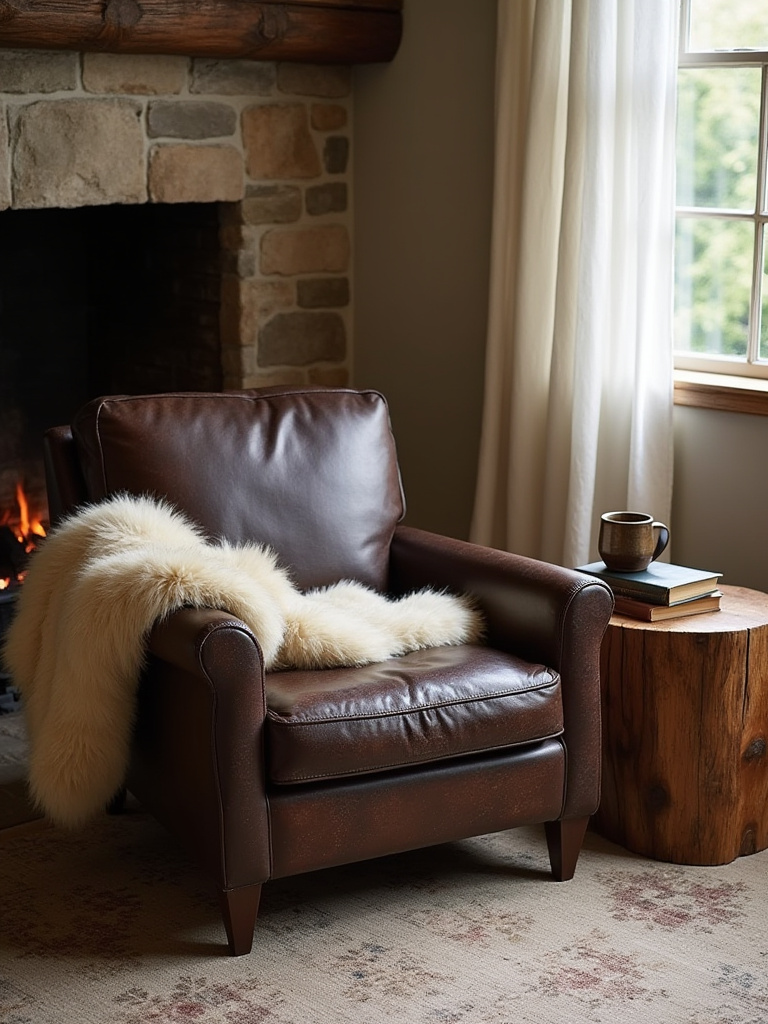 Distressed dark brown leather armchair with sheepskin throw, a wooden side table, and a stone fireplace in a cozy rustic bedroom setting.